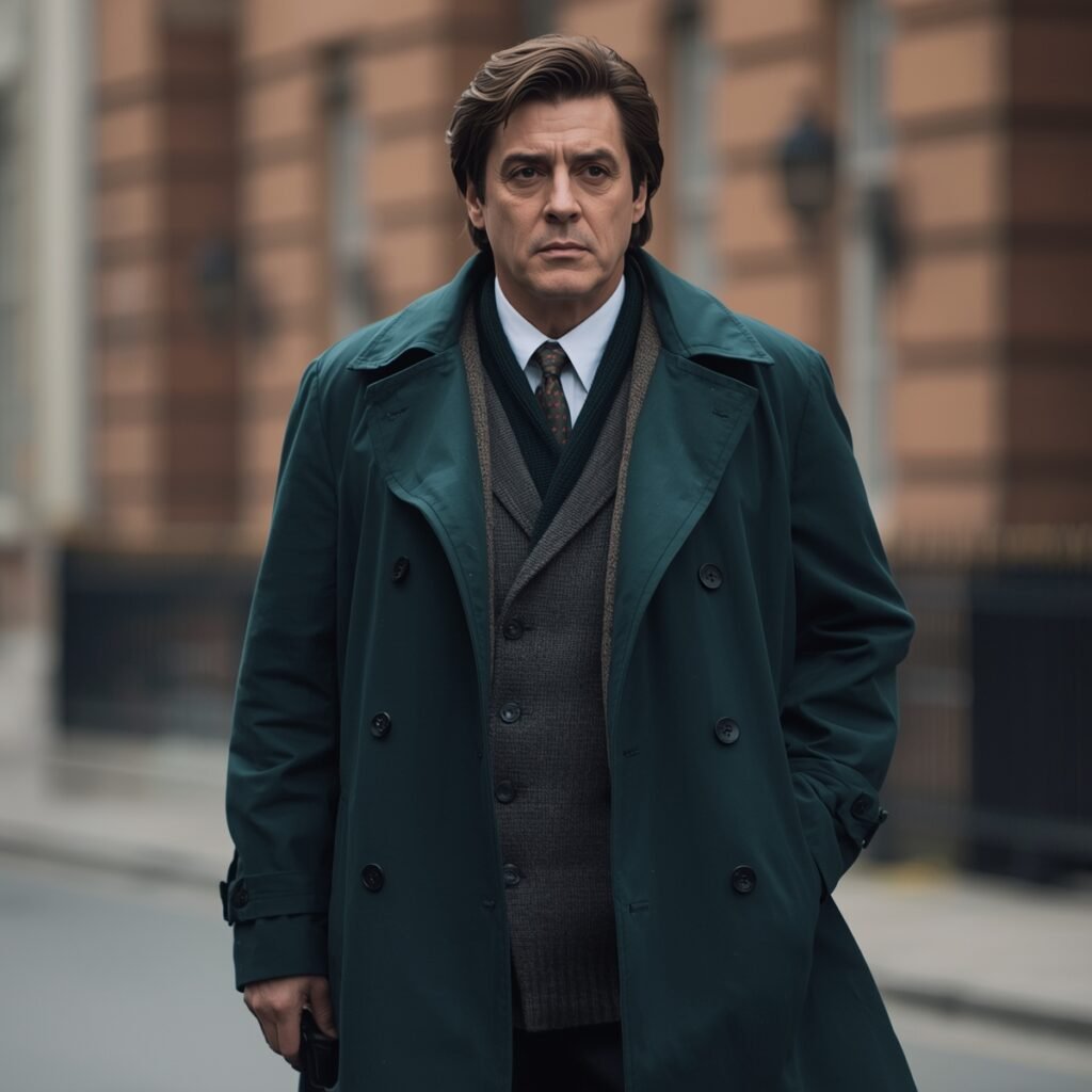 A man in a deep khaki trench coat layered over a sweater and tie, capturing a modern 2026 interpretation of Al Pacino’s iconic look.